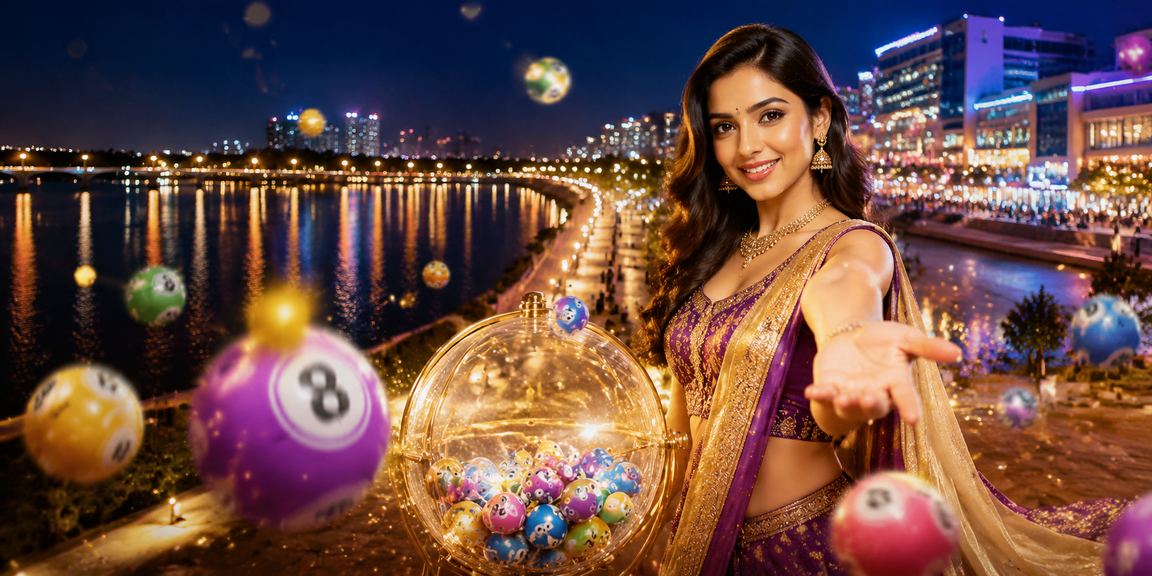 Night riverfront scene in Ahmedabad with lottery and jackpot highlights